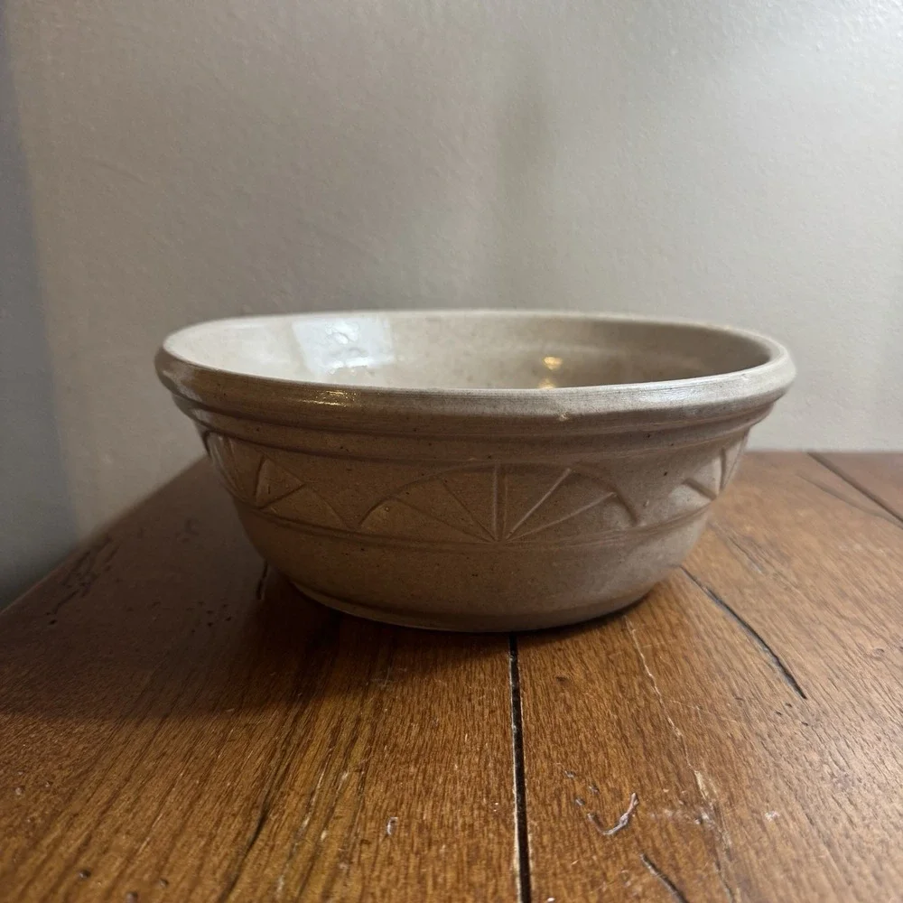 Vintage Manley Pottery Stoneware Mixing Serving Bowl Tan Glaze Farmhouse